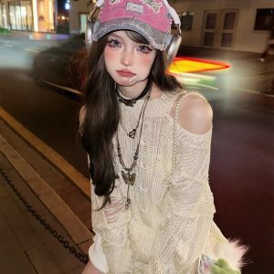 Rebellious Girl Y2K Fashion Hollow Knit Cover-Up - Grunge Aesthetic & Coquette Style