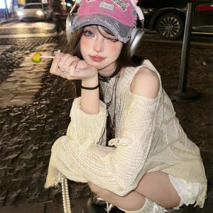 Rebellious Girl Y2K Fashion Hollow Knit Cover-Up - Grunge Aesthetic & Coquette Style