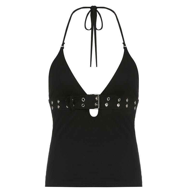 V-Neck Backless Halter Top with Metal Buckle - Y2K 90s Revival Techno Fashion Aesthetic