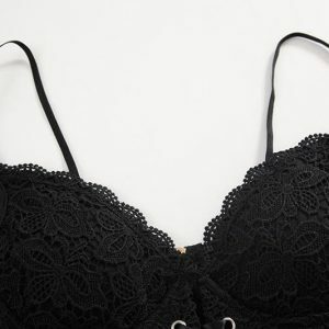 V-Neck Lace-Up Cami Top with Heart Neck and Lace Hem - Y2K 90s Grunge Revival Fashion