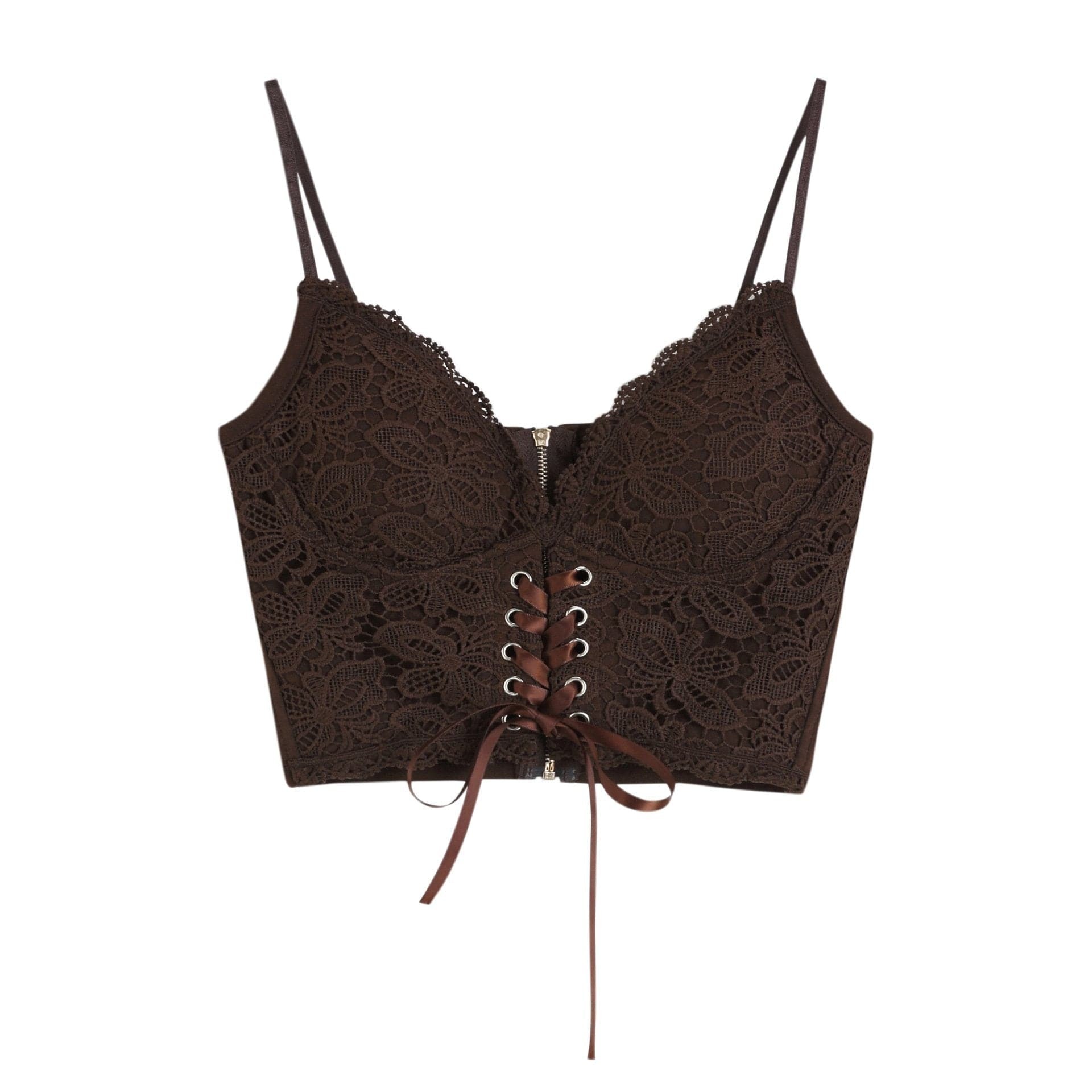 V-Neck Lace-Up Cami Top with Heart Neck and Lace Hem - Y2K 90s Grunge Revival Fashion