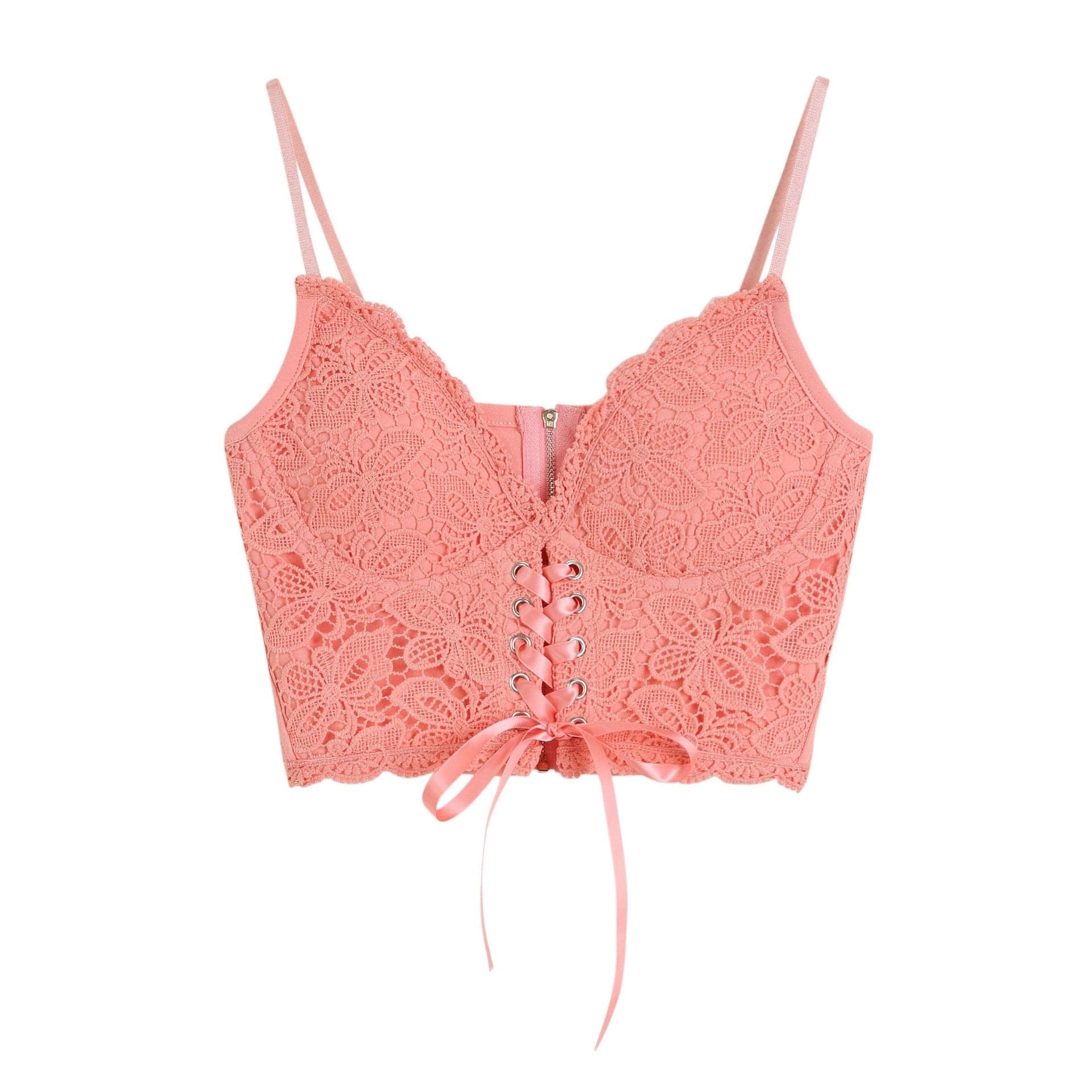 V-Neck Lace-Up Cami Top with Heart Neck and Lace Hem - Y2K 90s Grunge Revival Fashion
