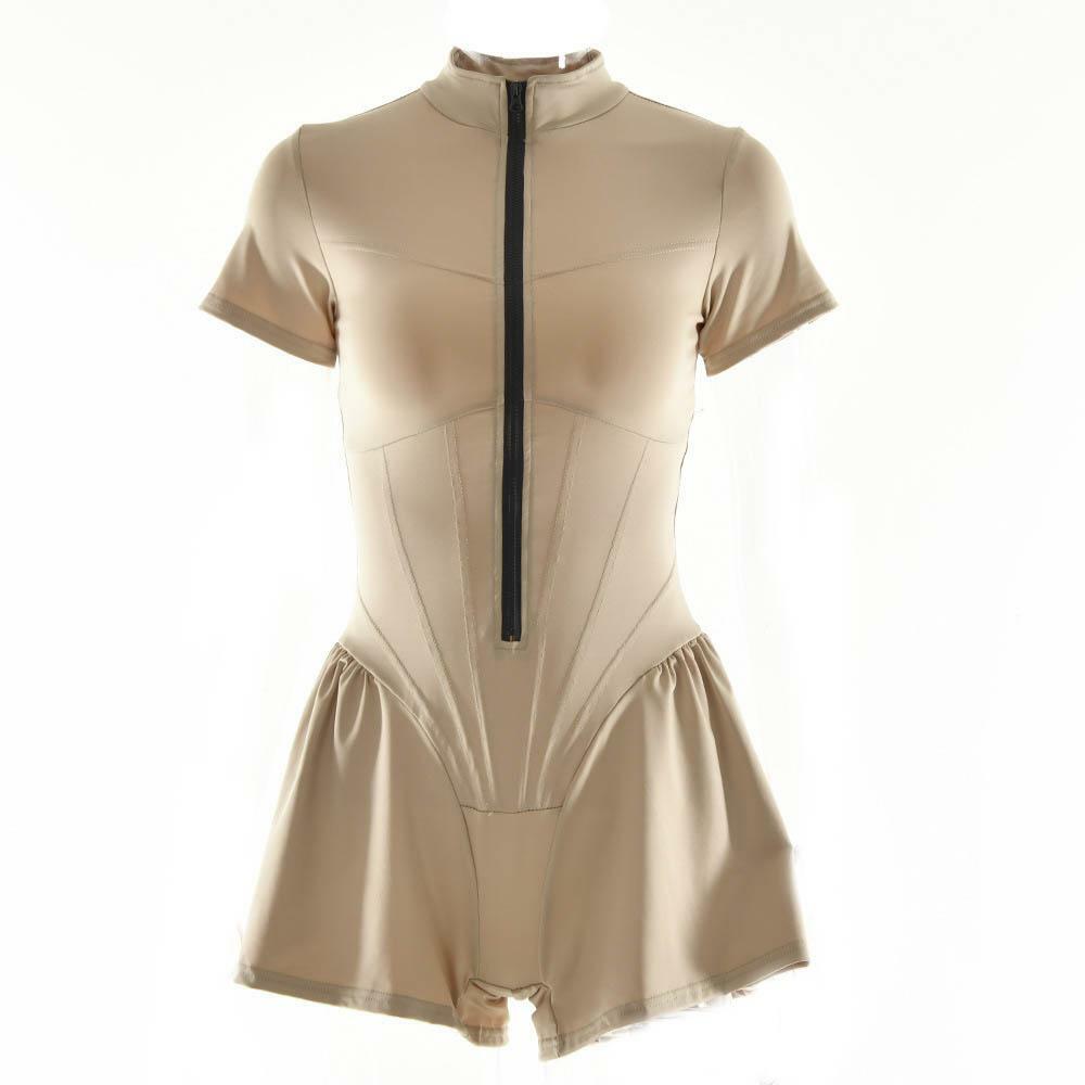 Y2K 90s Revival Corset Zip-Up High Neck Contrast Romper - Trendy Techno Fashion Outfit