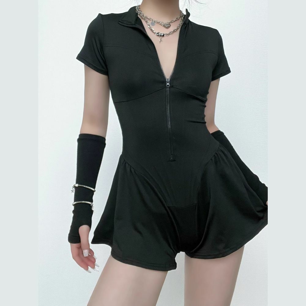 Y2K 90s Revival Corset Zip-Up High Neck Contrast Romper - Trendy Techno Fashion Outfit