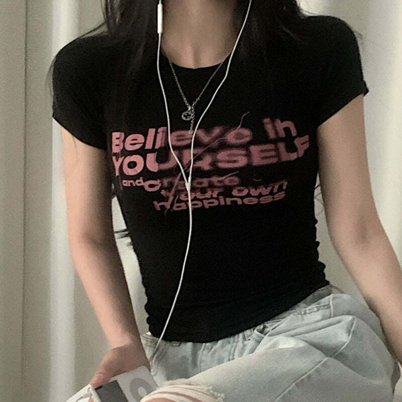 Y2K Aesthetic Crewneck Short Sleeve Contrast Top - Cute Grunge & Coquette Style