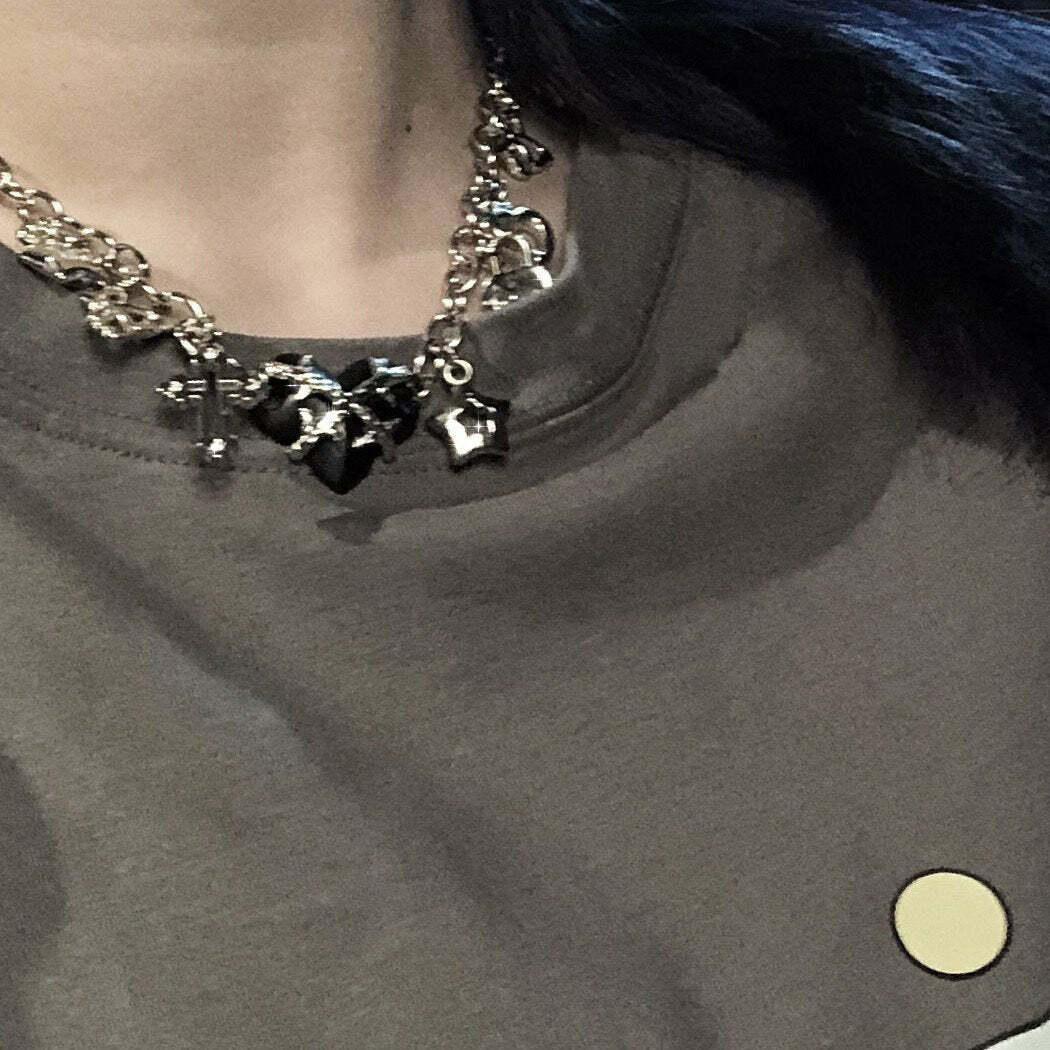 Y2K Aesthetic Metal Chain Pendant Adjustable Choker Necklace for Grunge & Coquette Style