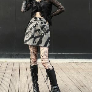 Y2K Denim Letter Print Mini Skirt with Metal Chain - Trendy Grunge Aesthetic Style