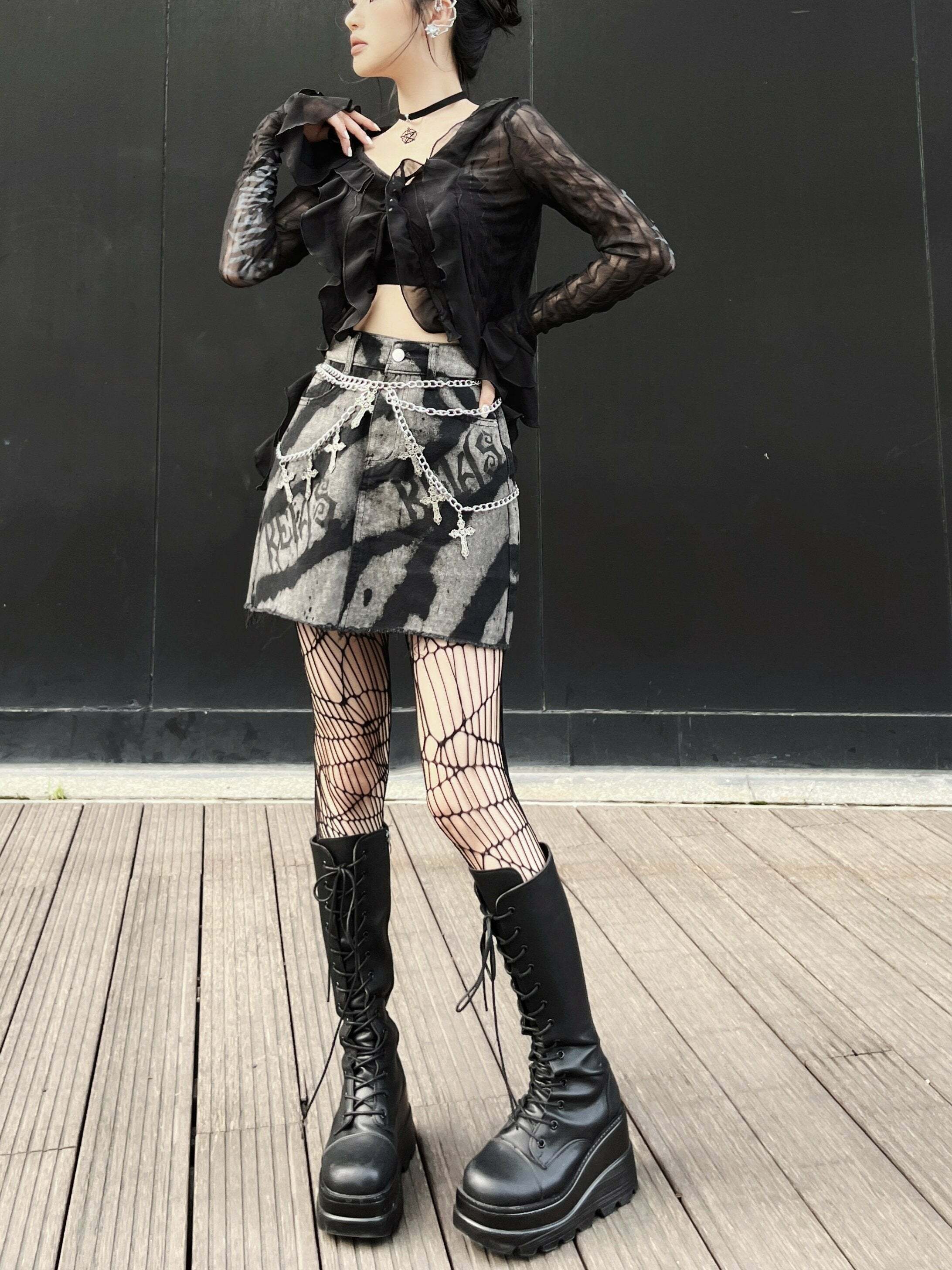Y2K Denim Letter Print Mini Skirt with Metal Chain - Trendy Grunge Aesthetic Style