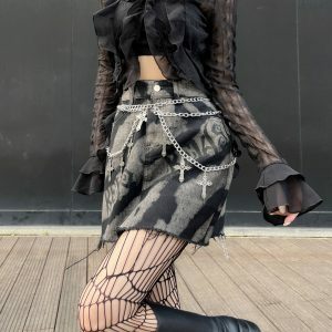 Y2K Denim Letter Print Mini Skirt with Metal Chain - Trendy Grunge Aesthetic Style