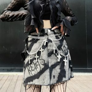 Y2K Denim Letter Print Mini Skirt with Metal Chain - Trendy Grunge Aesthetic Style