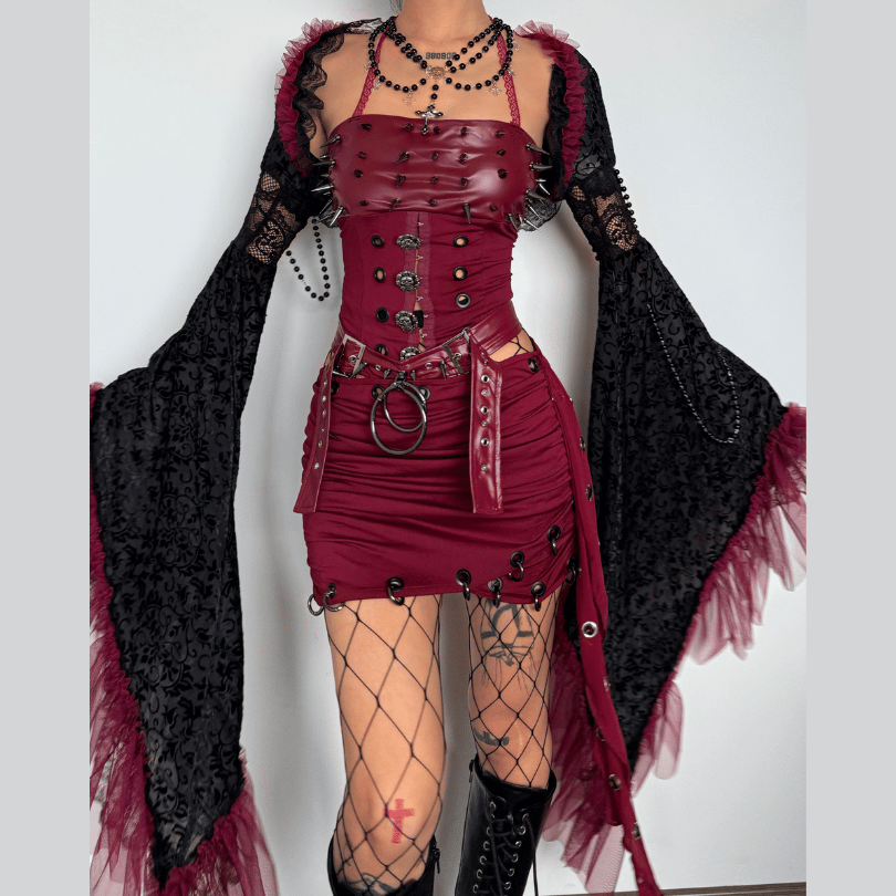 Y2K Fashion 3-Piece Mini Skirt Set with Long Flared Sleeve PU Leather Shrug & Rivet Chain