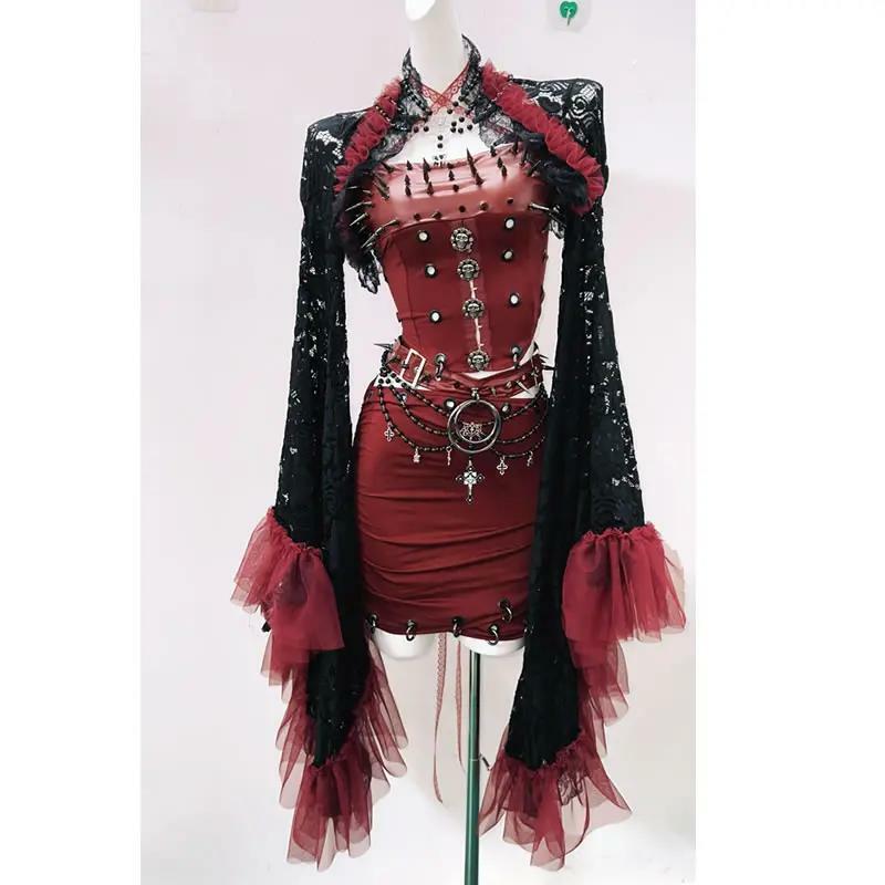 Y2K Fashion 3-Piece Mini Skirt Set with Long Flared Sleeve PU Leather Shrug & Rivet Chain