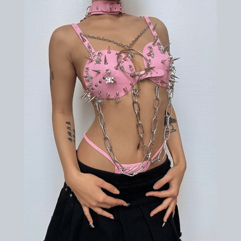 Y2K Fashion Adjustable Bodysuit with Rivet O-Ring Chain - Grunge Aesthetic & Coquette Style
