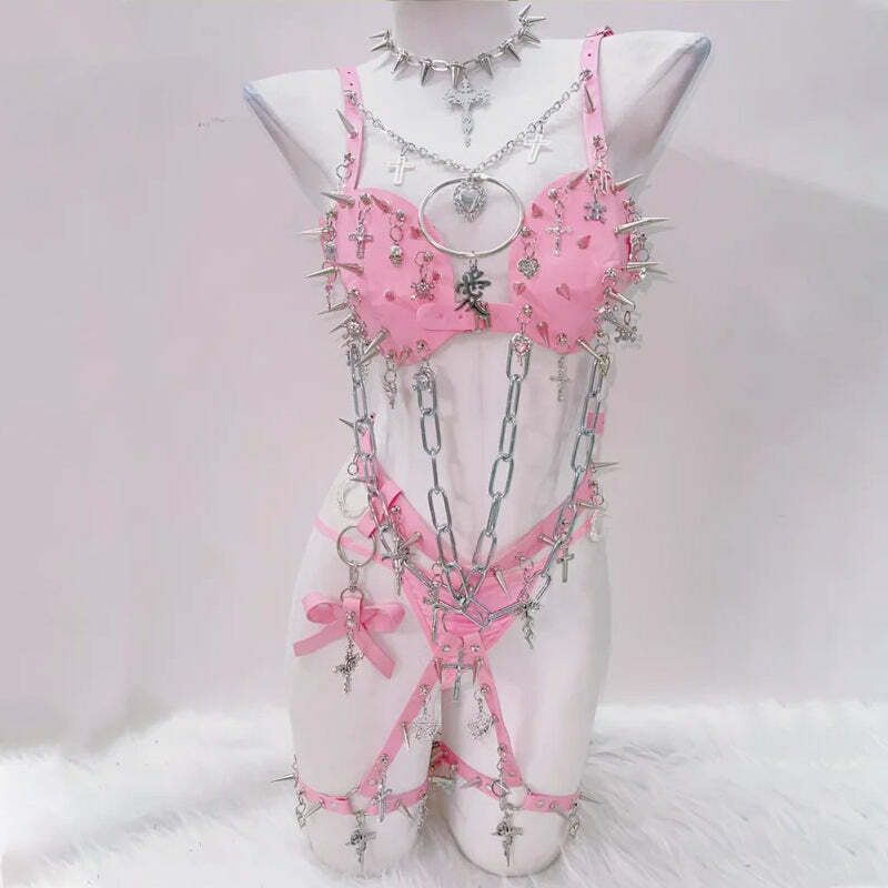 Y2K Fashion Adjustable Bodysuit with Rivet O-Ring Chain - Grunge Aesthetic & Coquette Style