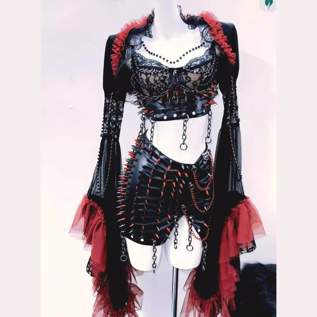 Y2K Fashion Beaded Shrug & Mini Skirt Set - Grunge Aesthetic Lace & PU Leather Look