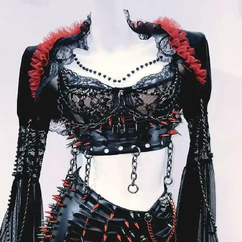 Y2K Fashion Beaded Shrug & Mini Skirt Set - Grunge Aesthetic Lace & PU Leather Look