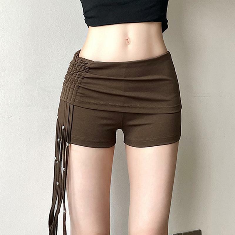 Y2K Fashion Beaded Tassel Ruched Low Rise Shorts - Cute Coquette Aesthetic Bottoms