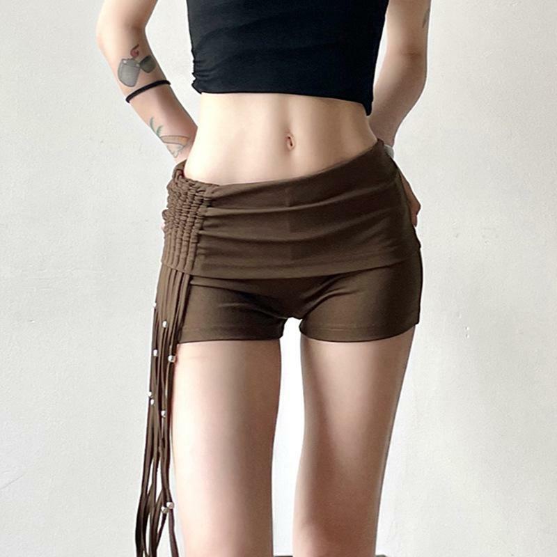 Y2K Fashion Beaded Tassel Ruched Low Rise Shorts - Cute Coquette Aesthetic Bottoms