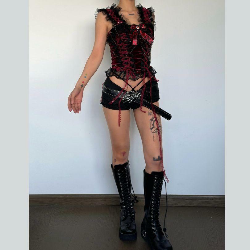 Y2K Fashion Bowknot Beaded Lace Hem V-Neck Mini Skirt Set - Cute Coquette Aesthetic Outfit