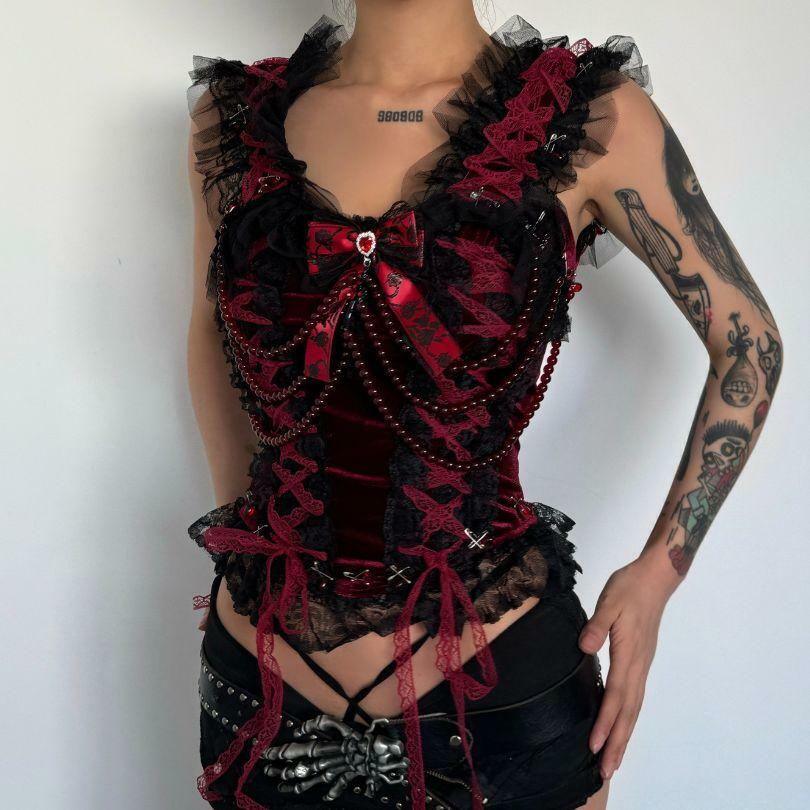 Y2K Fashion Bowknot Beaded Lace Hem V-Neck Mini Skirt Set - Cute Coquette Aesthetic Outfit