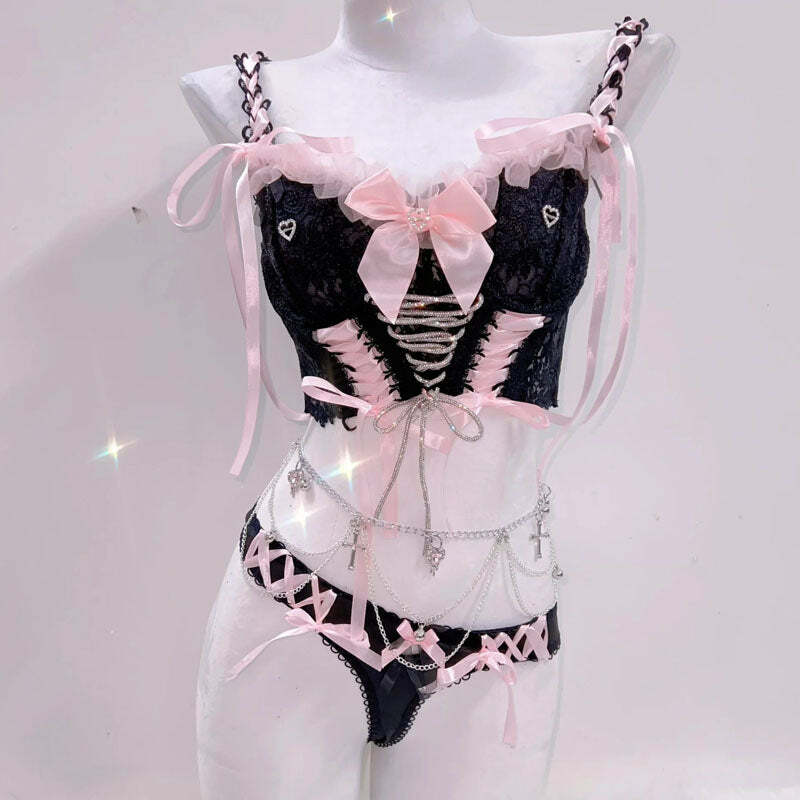 Y2K Fashion Bowknot Lace-Up V-Neck Cami & Pant Set - Cute Coquette Aesthetic Outfit