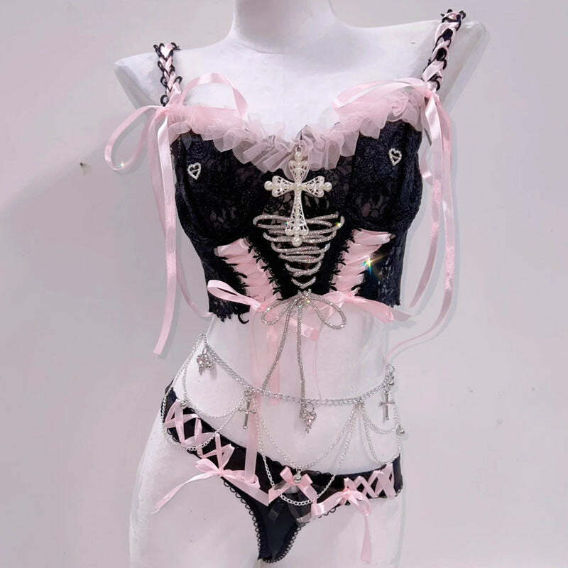 Y2K Fashion Bowknot Lace-Up V-Neck Cami & Pant Set - Cute Coquette Aesthetic Outfit