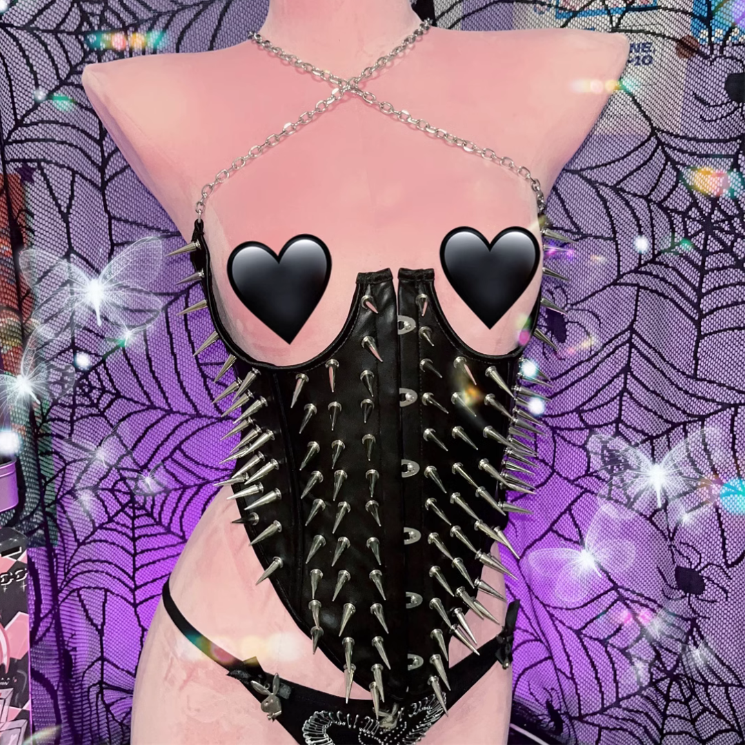 Y2K Fashion Buckle Metal Chain Rivet Applique PU Leather Cami Top - Grunge Aesthetic Style