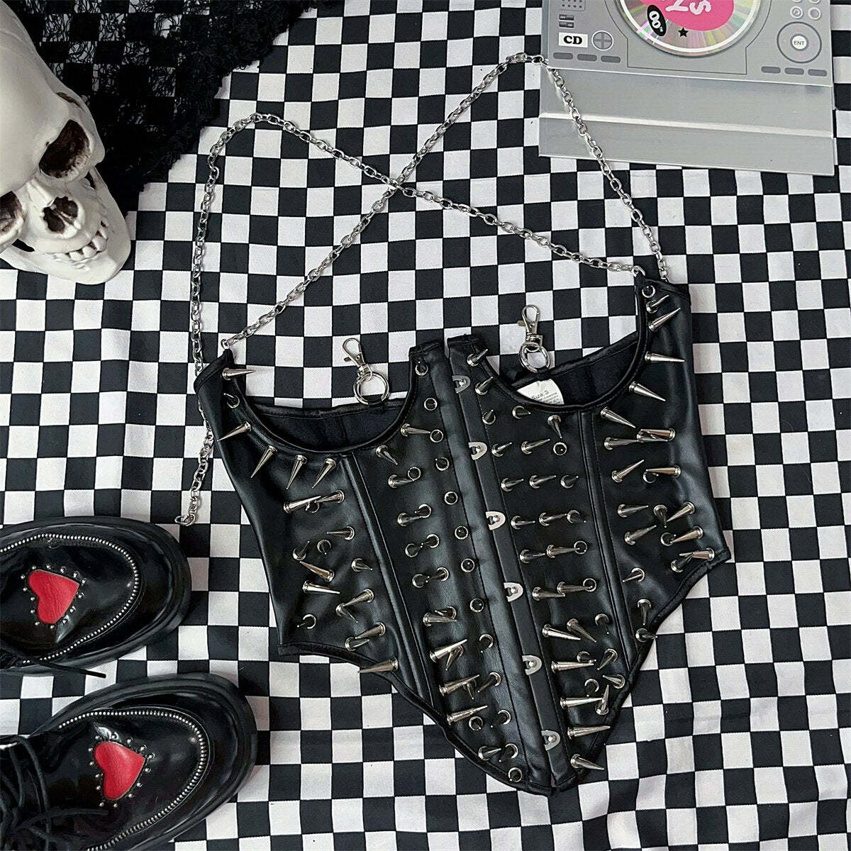 Y2K Fashion Buckle Metal Chain Rivet Applique PU Leather Cami Top - Grunge Aesthetic Style