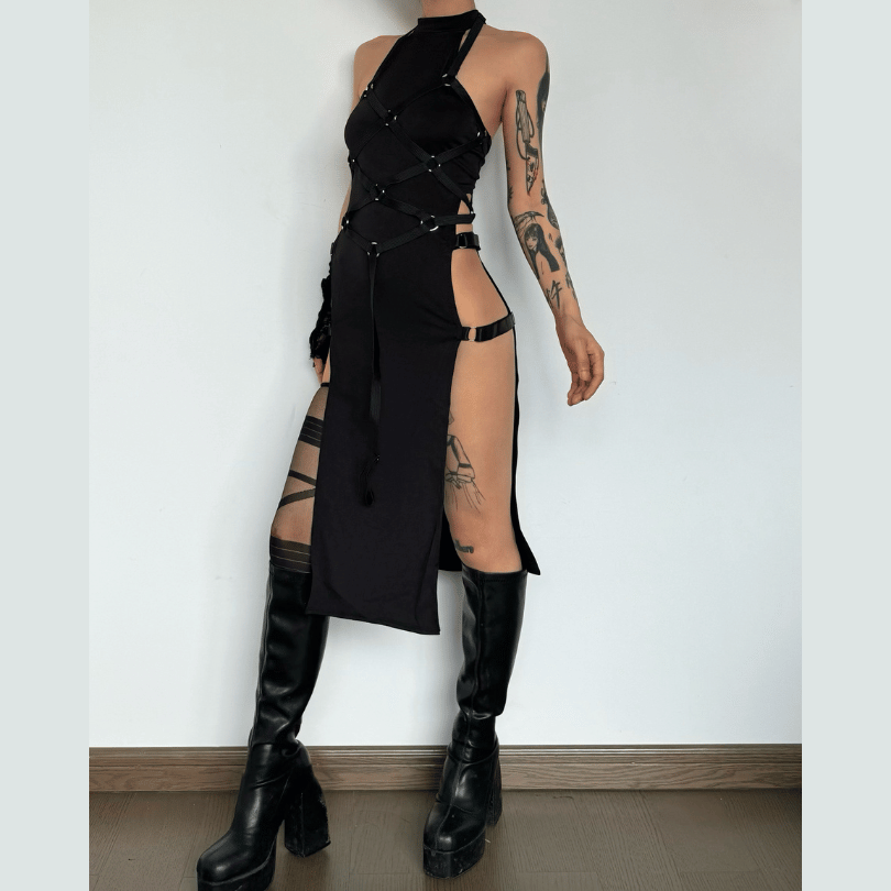 Y2K Fashion Buckle Sleeveless Slit Halter Mini Dress - Cute Grunge Aesthetic Outfit