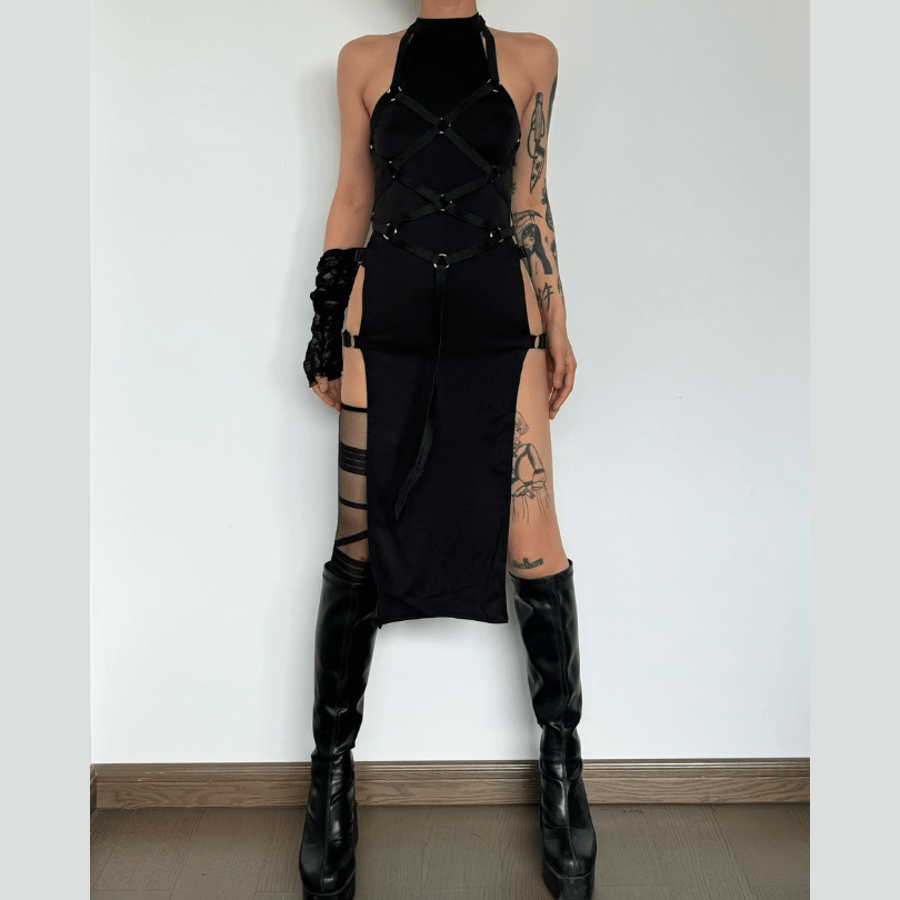 Y2K Fashion Buckle Sleeveless Slit Halter Mini Dress - Cute Grunge Aesthetic Outfit