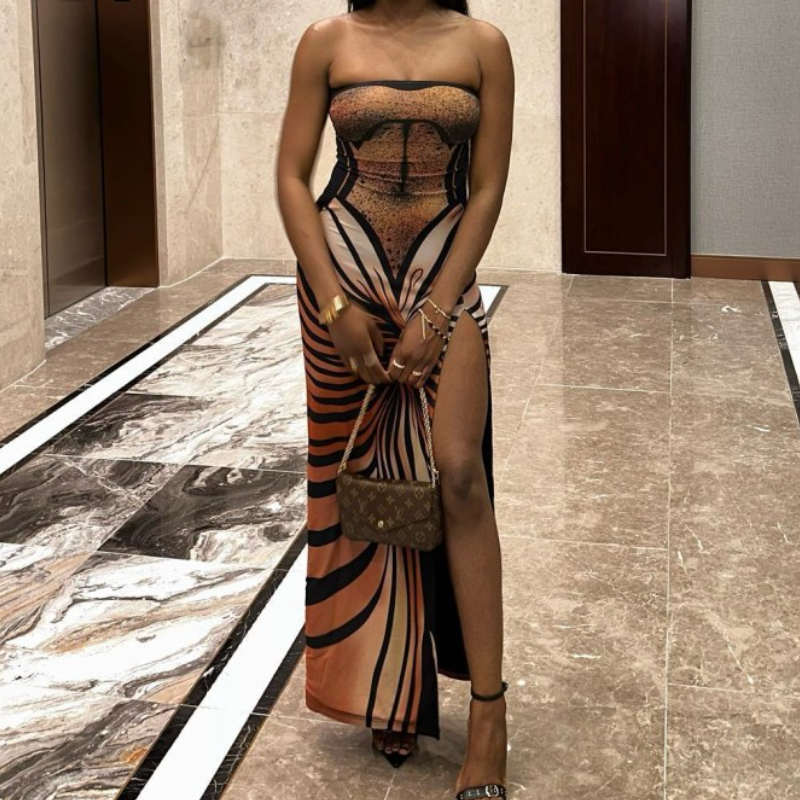 Y2K Fashion Contrast Slit Backless Tube Maxi Dress - Grunge Aesthetic & Coquette Style