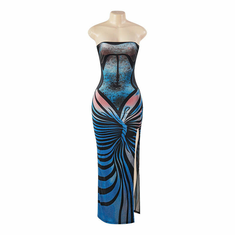 Y2K Fashion Contrast Slit Backless Tube Maxi Dress - Grunge Aesthetic & Coquette Style