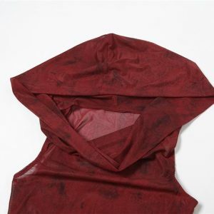 Y2K Fashion Cowl Neck Hoodie with Irregular Hem & Sheer Mesh Top - Trendy Grunge Aesthetic