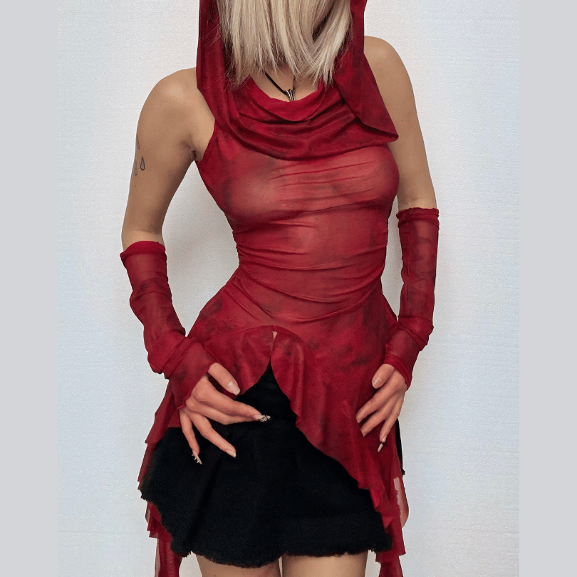 Y2K Fashion Cowl Neck Hoodie with Irregular Hem & Sheer Mesh Top - Trendy Grunge Aesthetic