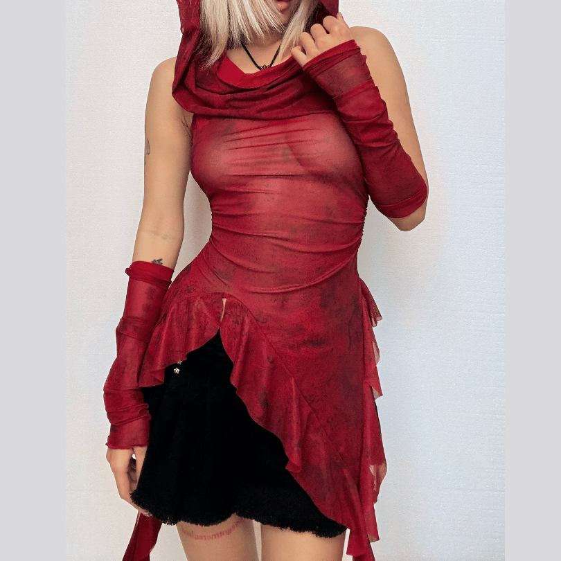 Y2K Fashion Cowl Neck Hoodie with Irregular Hem & Sheer Mesh Top - Trendy Grunge Aesthetic