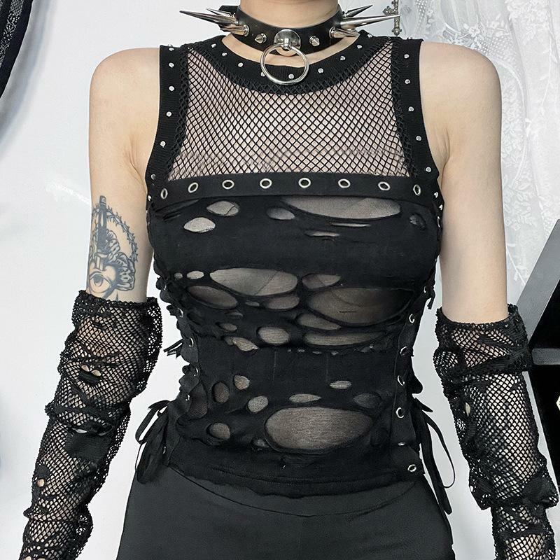 Y2K Fashion Crewneck Fishnet Lace-Up Tank Top - Grunge Aesthetic Buckle Detail