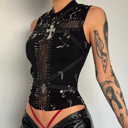 Y2K Fashion Crewneck Sleeveless Cross Applique Top - Cute Grunge Aesthetic Style