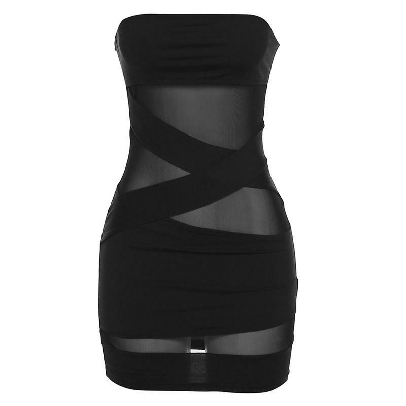 Y2K Fashion Cross Front Solid Mesh Backless Patchwork Tube Mini Dress - Cute & Aesthetic