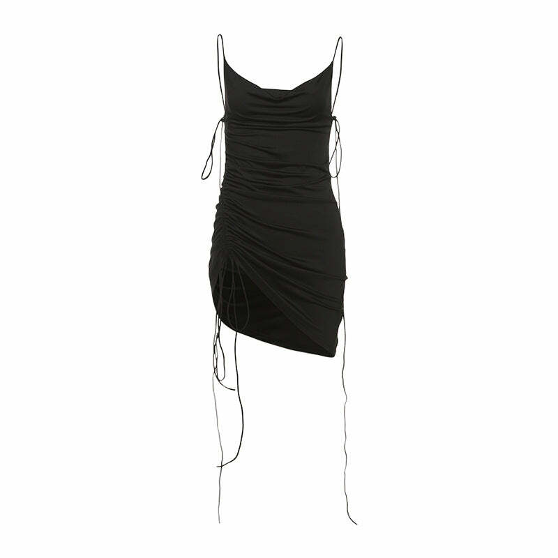 Y2K Fashion Drawstring Cowl Neck Cami Mini Dress - Cute Pastel Goth & Coquette Aesthetic