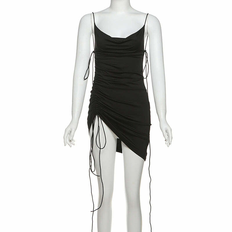 Y2K Fashion Drawstring Cowl Neck Cami Mini Dress - Cute Pastel Goth & Coquette Aesthetic
