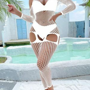 Y2K Fashion Fishnet Off-Shoulder Bodystocking - Grunge Aesthetic & Coquette Style