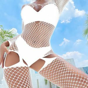 Y2K Fashion Fishnet Off-Shoulder Bodystocking - Grunge Aesthetic & Coquette Style