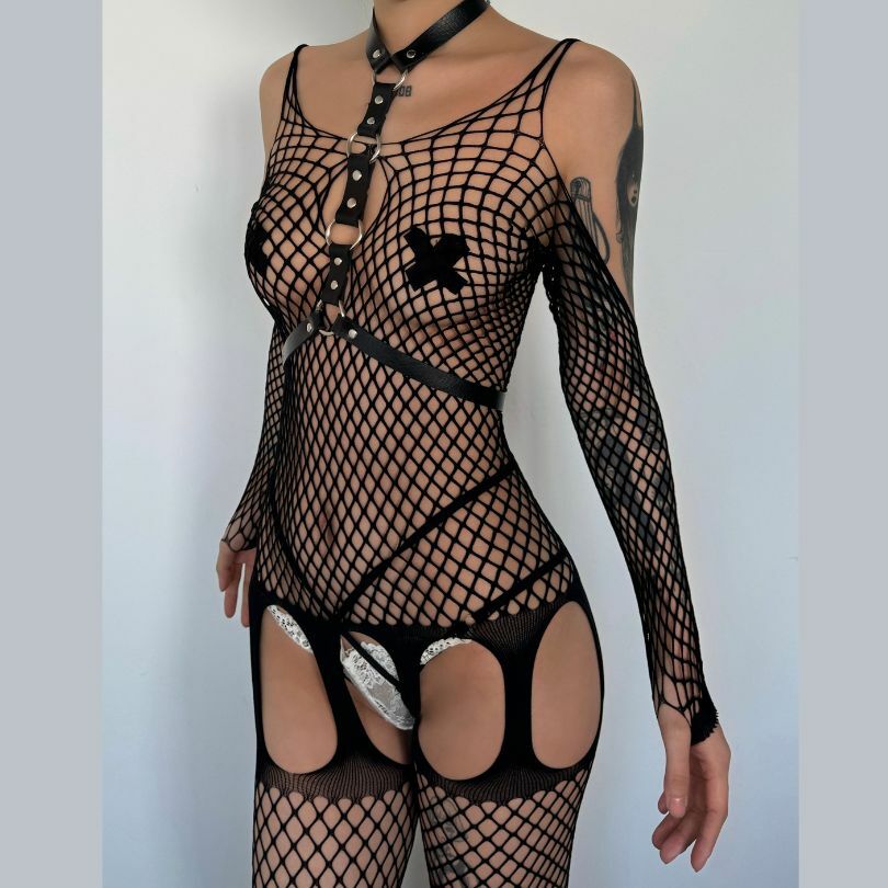 Y2K Fashion Fishnet Off-Shoulder Bodystocking - Grunge Aesthetic & Coquette Style