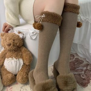 Y2K Fashion Furry Ball Thigh-Highs for Coquette Aesthetic & Grunge Style Outfits