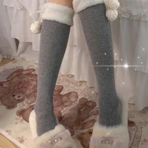 Y2K Fashion Furry Ball Thigh-Highs for Coquette Aesthetic & Grunge Style Outfits