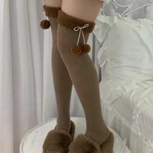 Y2K Fashion Furry Ball Thigh-Highs for Coquette Aesthetic & Grunge Style Outfits