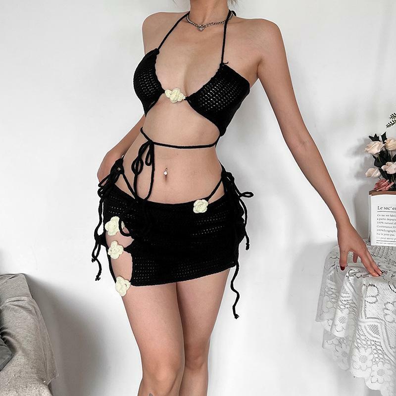 Y2K Fashion Halter Knitted Flower Applique 3-Piece Mini Skirt Set for Cute Aesthetic Outfits