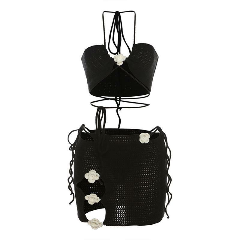 Y2K Fashion Halter Knitted Flower Applique 3-Piece Mini Skirt Set for Cute Aesthetic Outfits