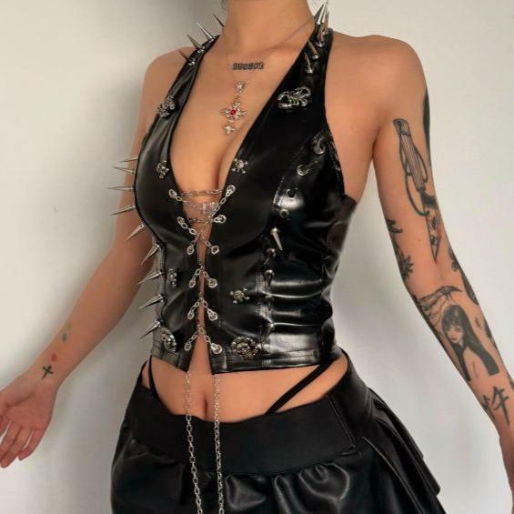 Y2K Fashion Halter Lace-Up Skull Applique PU Leather Top - Grunge Aesthetic Cute Style
