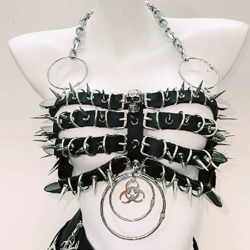 Y2K Fashion Halter Mini Skirt Set with O-Ring Rivet Applique - Grunge Aesthetic Vibes